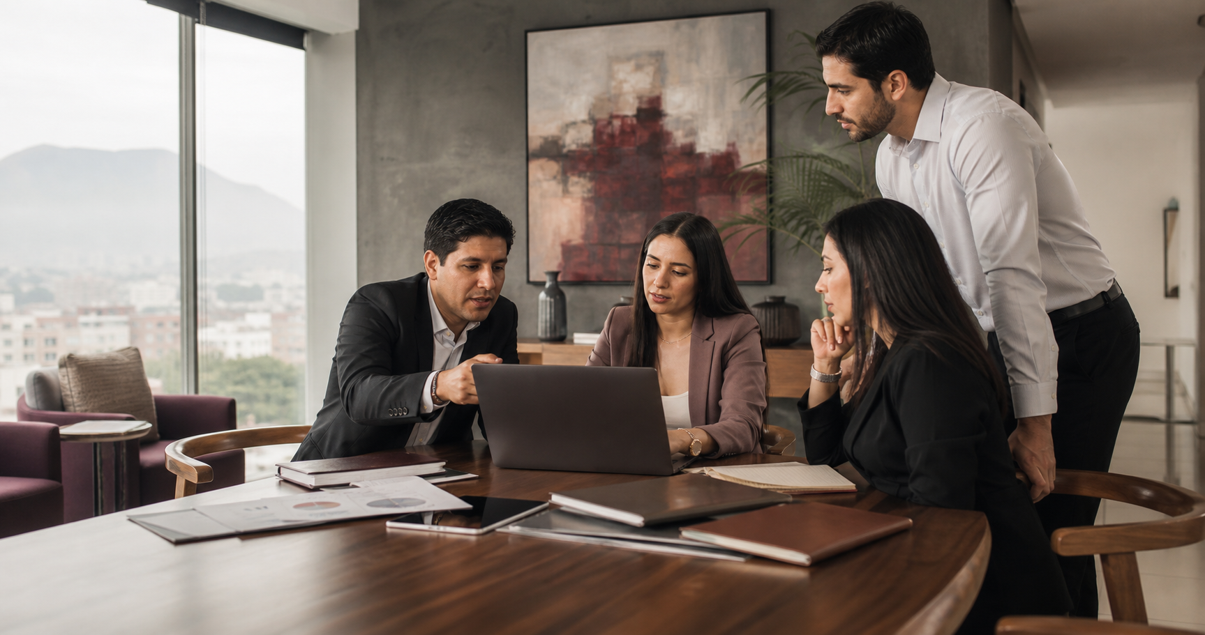 Equipo comercial revisando una oportunidad y su siguiente acción en una oficina real.