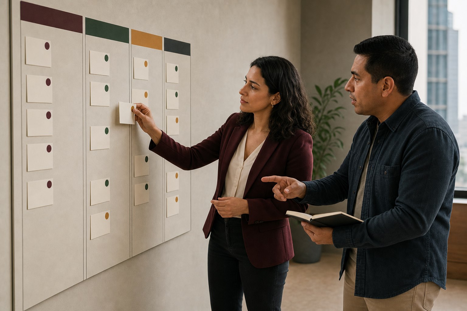 Asesora y colega organizando oportunidades en un tablero comercial visible.
