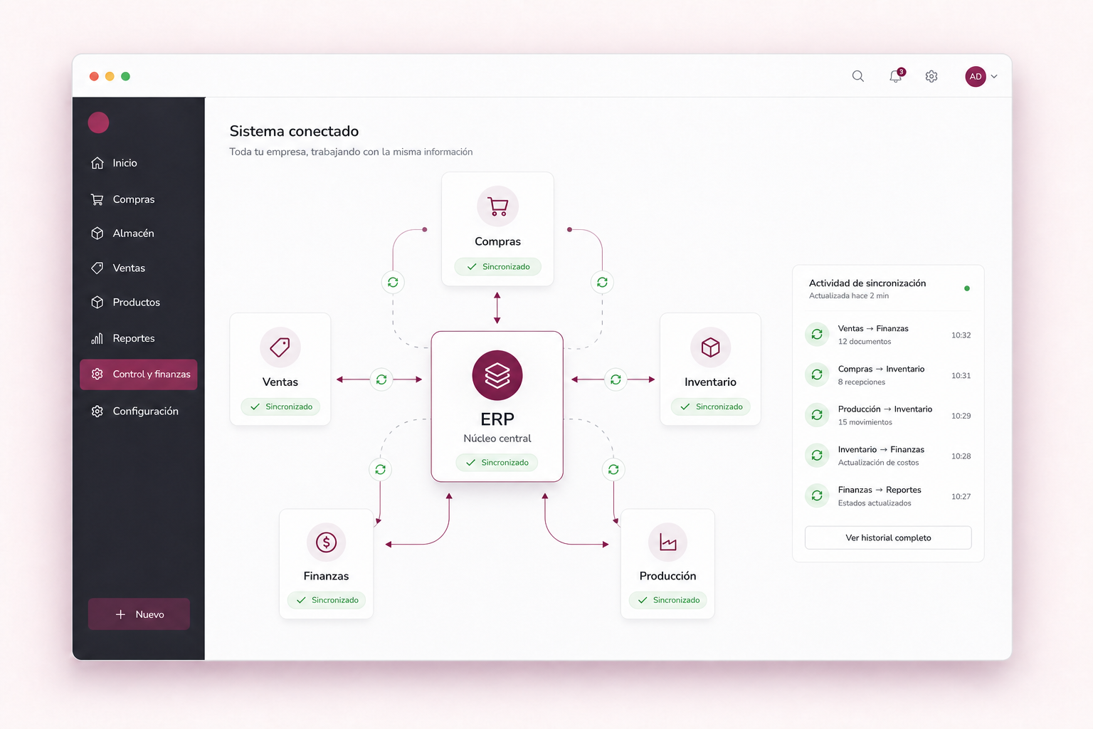 Interfaz conceptual de un ERP que sincroniza ventas, compras, inventario, finanzas y producción.