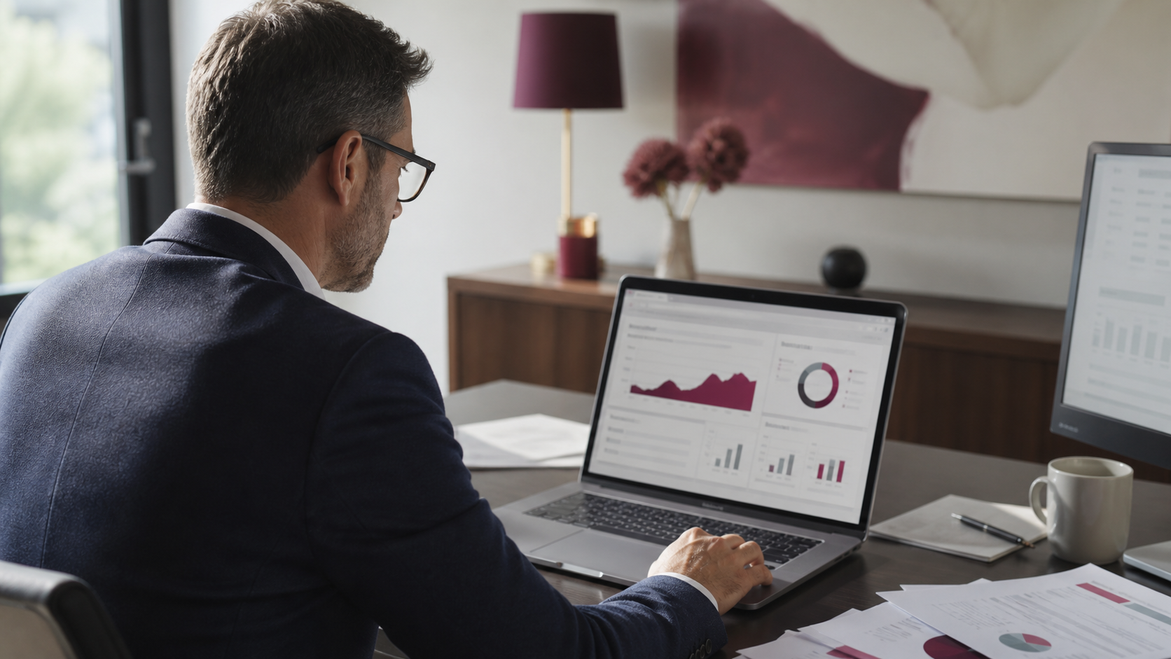 Profesional consultando información empresarial en un portal desde una oficina real.