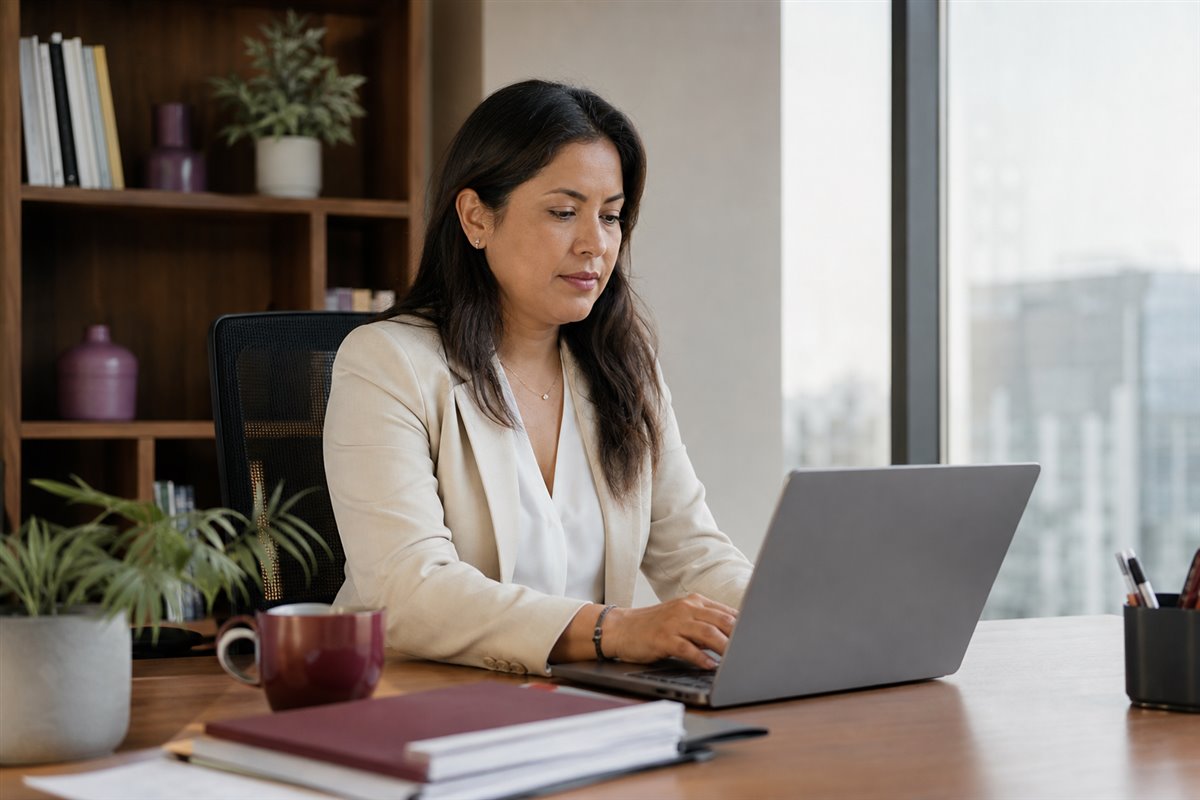 Escena conceptual de una profesional consultando solicitudes y documentos desde su espacio de trabajo.