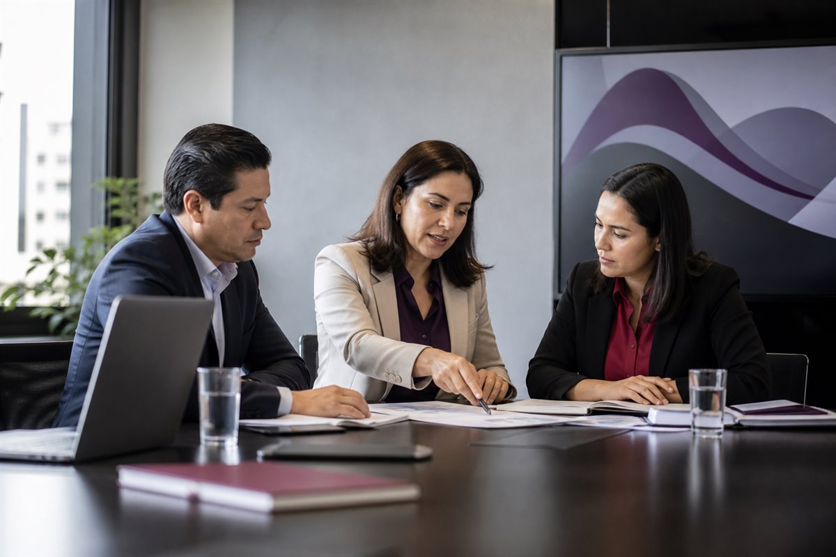 Escena conceptual de una gerente y responsables de área revisando prioridades para tomar una decisión.